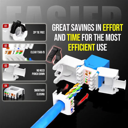 AMPCOM CAT6 RJ45 Keystone Jack - Reusable UTP Ethernet Wall Jack with Adjustable Ratchet Lock Design, No Tool and Zip Tie Required - 50u Gold Plated - Blue (2-Pack)