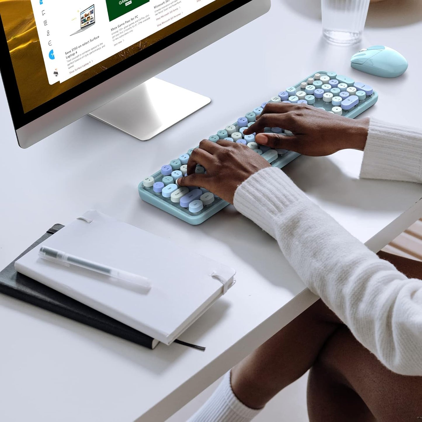 KNOWSQT Wireless Keyboard and Mouse Combo, Blue Colorful 2.4G Typewriter Full-Size Cute Keyboards - USB Receiver Plug and Play, for Computer, PC, Laptop, Desktop, Windows