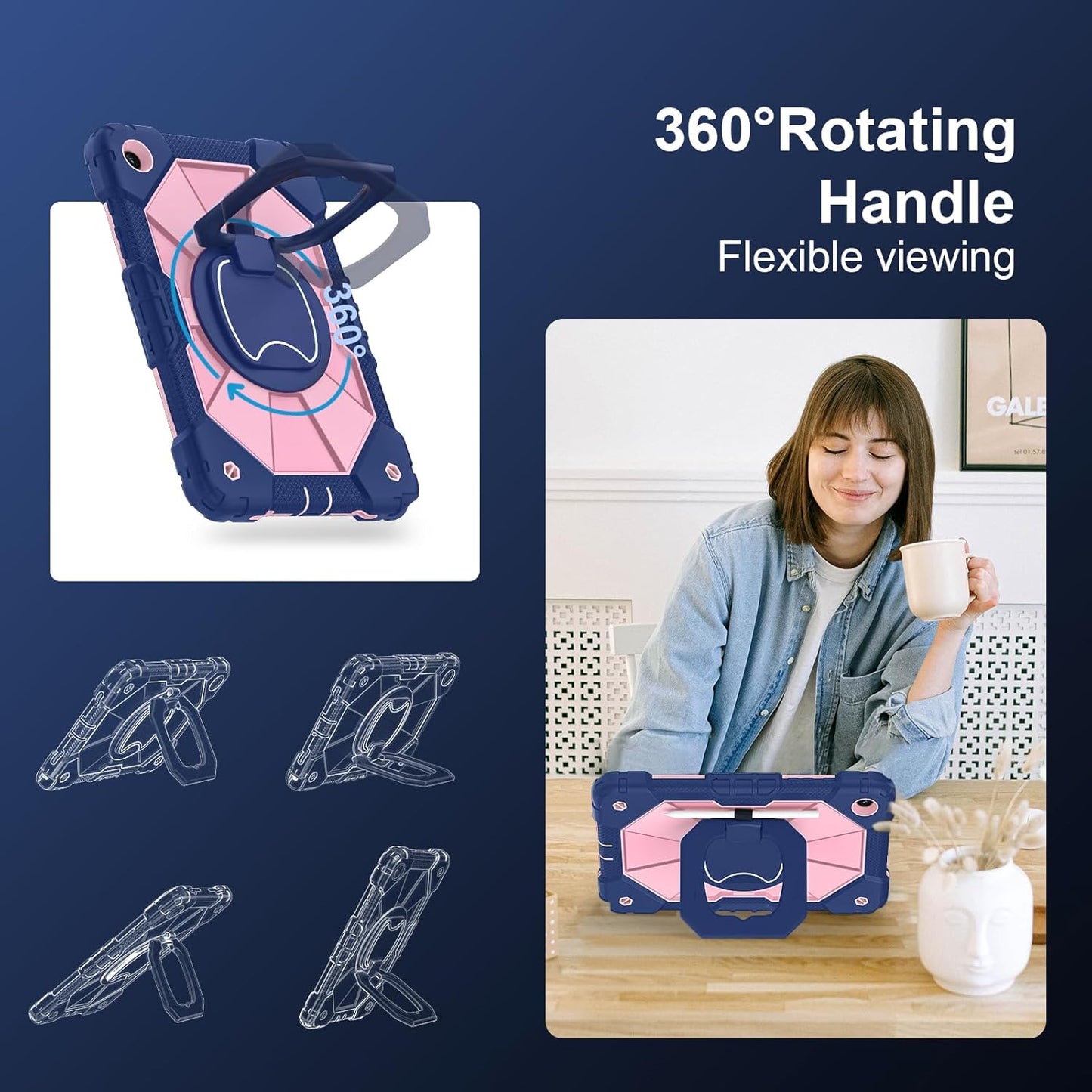 for Galaxy Tab A9 Plus Case 11 Inch, Rugged Case for Samsung Galaxy A9+ Tablet with Screen Protector 360 Rotating Stand Shoulder Strap Pen Holder, 2023 Model(SM-X210/X216/218), Navy Rose