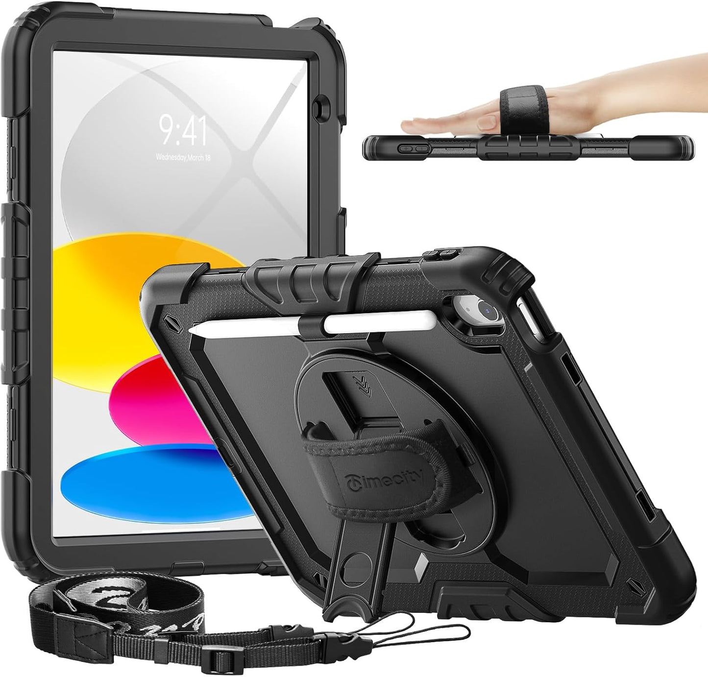 timecity for iPad (A16) 11th/ 10th Generation Case 11''/ 10.9 Inch (2025/2022) - Heavy Duty Protective Cover with Screen Protector, Stand, Shoulder Strap & Pencil Holder | Kids-Friendly - Black