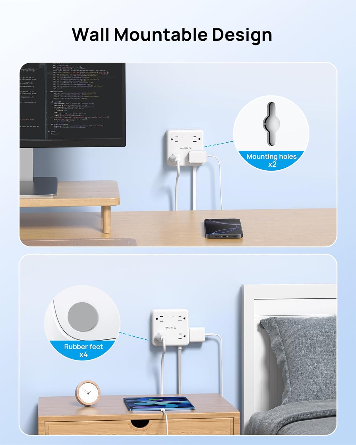 TROND 360° Rotating Plug Power Strip, 5FT Flat Extension Cord with Multiple Outlets 4 USB (2 USB C), Wall Mount Surge Protector 1440 Joules for Home Office Travel Dorm Room Essentials, White