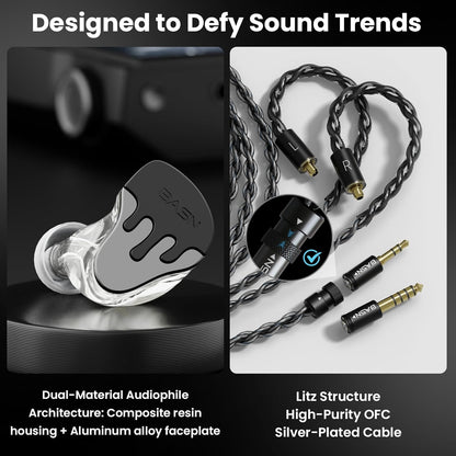 BASN BmasterX in Ear Audio Monitor, Hybrid 6 Drivers IEM Earphones with Crystal Clear Sound, Detachable Cable Plus Carrying Case & Fit Kit for Musician, Stage, Studio (3.5mm/4.4mm Jack, Black/Silver)