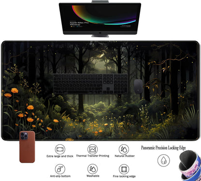 Dark Forest Desk Mat Mouse pad, Green Nature Deskmat XXL Large Extended Aesthetic Plant Mousepad Gaming Desk Pad, Big Laptop Computer Keyboard and Mouse Mat for Women Office Desk Decor 31.5x15.7 in