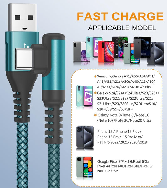 sweguard USB C Cable Right Angle [3Pack, 10FT+6.6FT+3.3FT], USB Type C iPhone 16 Charger Cable Nylon Braided Cord for iPhone 15 16 Pro Max Plus, Samsung Galaxy S25 S24 S23 S22 S21 S10 Note 20 10,Moto,