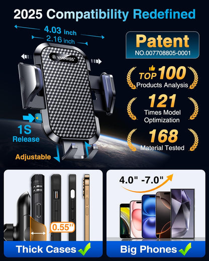 VANMASS Car Phone Holder 2025 Military-Grade Phone Holder for Your Car Windshield Dashboard【 65 Lbs Strongest Suction】【Patent & Safety Certs】 Universal Cell Phone Car Mount for iPhone Samsung Android