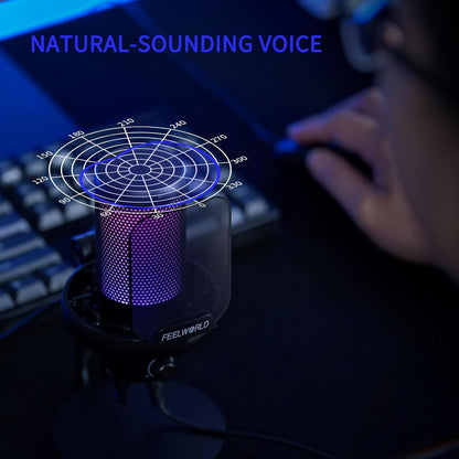 FEELWORLD VM1 Gaming PC USB Microphone Condenser Mic with Noise Cancellation Mute RGB Light, Computer Accessories Gifts for Gamer YouTube Twitch Podcast Streaming Recording Online Chat PS4 PS5