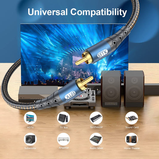 EMK Subwoofer Cable RCA to RCA Audio Cable 24K Gold-Plated Nylon Braided Double Shielded Digital Analogue Supports Amplifiers,Home Theater,Hi-Fi Systems,Subwoofer(50ft/15m)