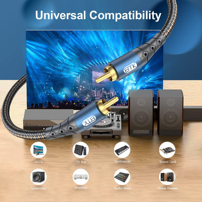 EMK Subwoofer Cable RCA to RCA Audio Cable 24K Gold-Plated Nylon Braided Double Shielded Digital Analogue Supports Amplifiers,Home Theater,Hi-Fi Systems,Subwoofer(15ft/5m)