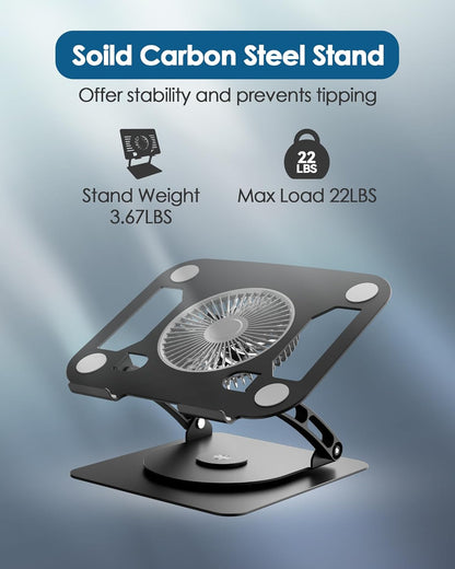 SHUWEI Laptop Cooling Stand with 3 Speed Fan, Adjustable Height & Angle, 360 Rotation Base, Carbon Steel Framework, Ultra-Quiet & Super Sturdy for up to 16”Laptop - Silver