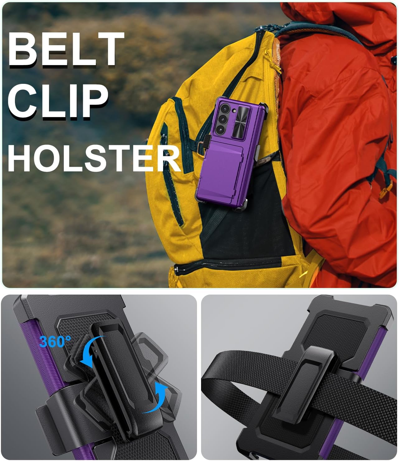 for Samsung Galaxy Z Fold 6 Case with Card Holder & Belt Clip & Slide Lens Cover, Built-in Hinge Protection & Screen Protector, Durable Wallet Phone Cover Case for Z Fold 6 5G 2024, Dark Purple