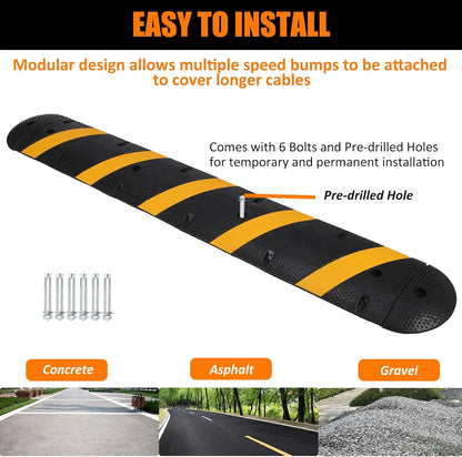 Heavy Duty Speed Bumps for Driveway, 84" Rubber Speed Bumps, 2 Channel Modular Traffic Speed Bump Hump Cable Protector Ramps for Asphalt Concrete Gravel Driveway Road with 2 End Caps, 6 Bolt Spikes