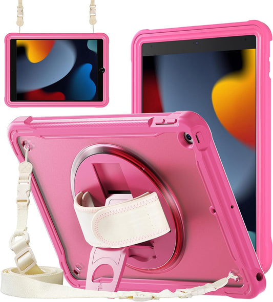 ZenRich Clear Case for iPad 9th/8th/7th Generation 10.2 inch 2021/2020/2019, Shockproof Slim Hard Case with Pencil Holder/360°Rotating Kickstand/Handle/Carrying Strap, Rose