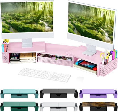 Spacrea Metal Desk Organizers and Accessories, Dual Monitor Stand Riser with Drawer and 2 Pen Holders, Desk Accessories & Workspace Desktop Organizers for Office Supplies (Pink)
