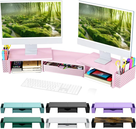 Spacrea Metal Desk Organizers and Accessories, Dual Monitor Stand Riser with Drawer and 2 Pen Holders, Desk Accessories & Workspace Desktop Organizers for Office Supplies (Pink)