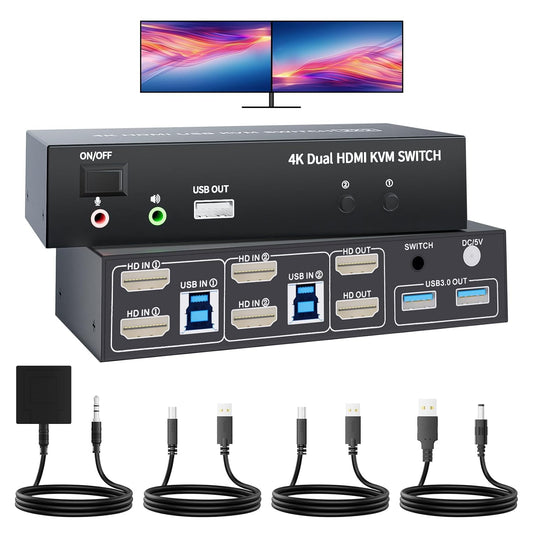 HDMI KVM Switch 2 Monitors 2 Computers 4K@60Hz USB 3.0 KVM Switcher Share Dual Monitor Extended Copy Display and 3 USB Devices Keyboard Mouse