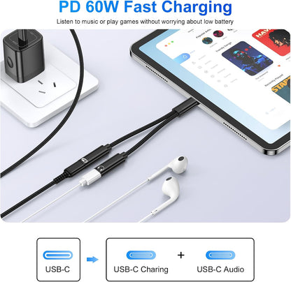 USB-C Headphone and Charger Adapter,2in1 USB C Splitter Dongle Cable with 60W Fast Charging Audio Adapter for iPhone 17 Pro Max 16e 16 Pro 15 Plus Samsung Galaxy A17 A16 A15 A36 A56 A55 S25 FE S24 S22