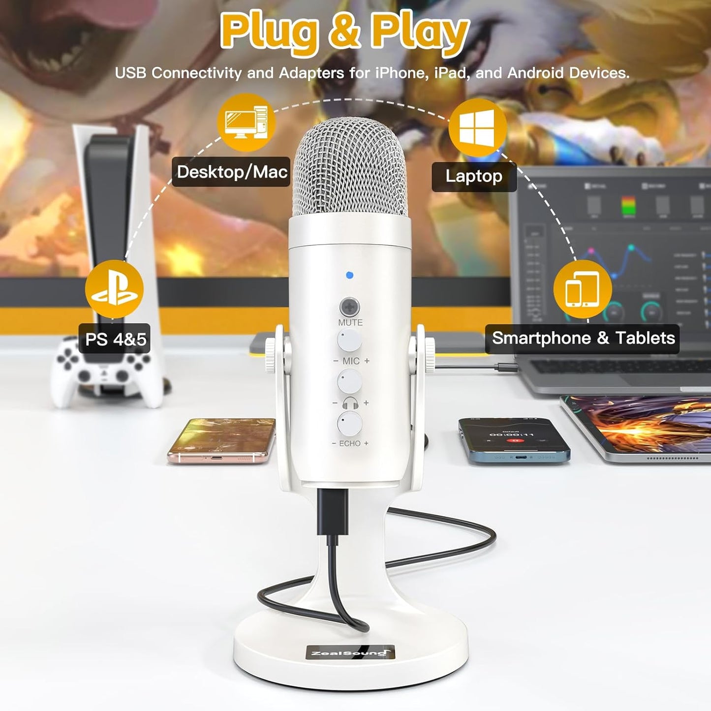 ZealSound USB Microphone,Quick Mute Noise Cancel for Phone Computer PC PS5,Gaming Microphone with Gain Control,Echo Monitor Volume Adjust for Streaming Vocal Recording ASMR Podcast Video K66 White