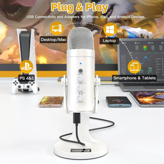 ZealSound USB Microphone,Quick Mute Noise Cancel for Phone Computer PC PS5,Gaming Microphone with Gain Control,Echo Monitor Volume Adjust for Streaming Vocal Recording ASMR Podcast Video K66 White