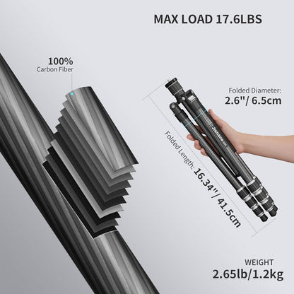 Carbon Fiber Camera Tripod, 62" Professional Video Tripod for Camera with 360° Ball Head, 1/4" Arca QR Plate, Compact Lightweight Travel Monopod for DSLR/Smartphone, Max Load 17.6 lbs/8kg