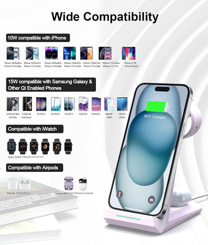 Wireless Charging Station for iPhone - ADADPU 3 in 1 Charger Stand for iPhone 16 15 14 13 12 11 Pro Max XR XS 8 Plus, Wireless Charging Dock for Apple Watch 8/7/SE/6/5/4/3/2, AirPods Pro/3/2 (Purple)