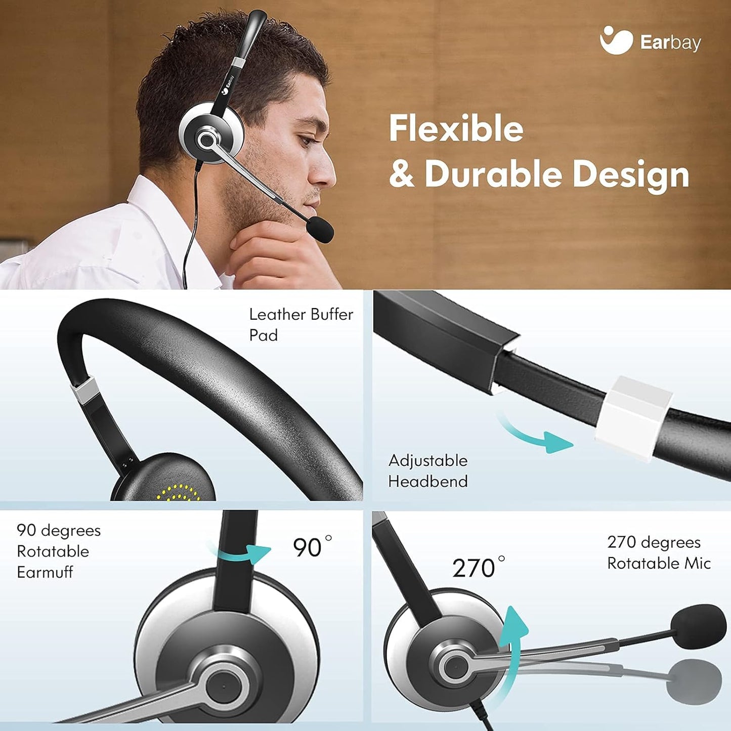 Earbay USB Headset with Microphone for PC, Computer Headset with Microphone Noise Cancelling for Laptop, 3.5mm Jack On-Ear Wired Headphones with Mic, Volume Control for Call Center/Skype/Zoom/Webinar