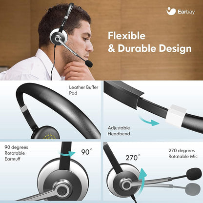 Earbay USB Headset with Microphone for PC, Computer Headset with Microphone Noise Cancelling for Laptop, 3.5mm Jack On-Ear Wired Headphones with Mic, Volume Control for Call Center/Skype/Zoom/Webinar