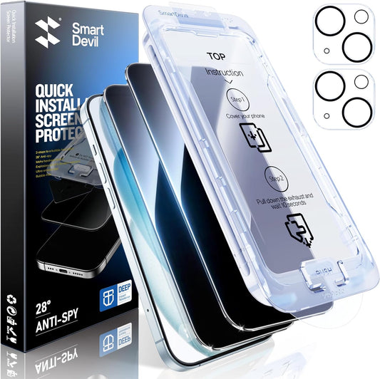 SMARTDEVIL 2+2Pack Privacy Screen Protector for iPhone 15 with Camera Lens Protector,Shatterproof Tempered Glass [True 28°Anti Spy] [9H Hardness] [Automatic Dust-Elimination Install] [Bubble Free]