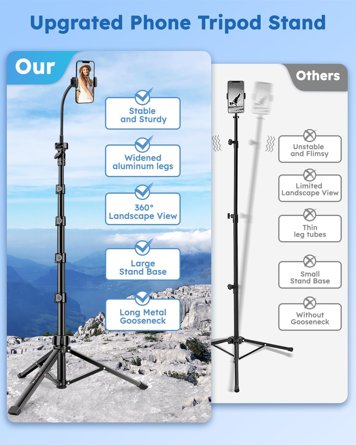 86" Tripod for iPhone, Stable & Tall Phone Tripod with Remote and Flexible Gooseneck for Video Recording/Watching/Cooking/Fitness/Vlogging