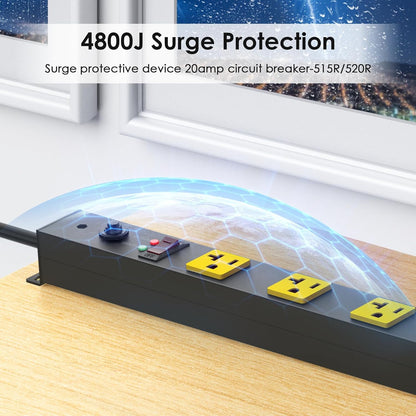 JUNNUJ Long Metal 16 Outlet Power Strip, Heavy Duty Power Strips Surge Protection 4800J with Circuit Breaker, 20a Wide Spaced Socket Wall Mount 5-15P Adapter High Amp 6-20R T-Slot 10FT Extension Cord