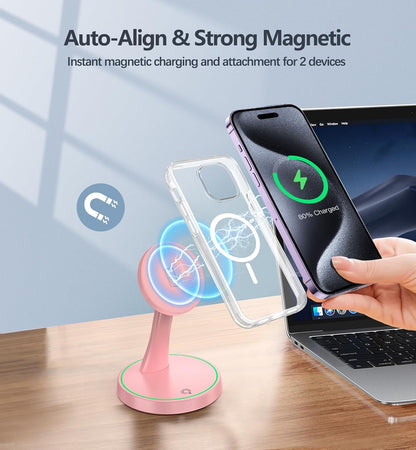 Magnetic Wireless Charger Stand 15W Fast Mag-Safe Charger for iPhone 16/16 Pro/16 Plus/16 Pro Max/15/14/13/12 Series Magnet Wireless Charging Station/Pad with Sleep-Friendly Light for AirPods