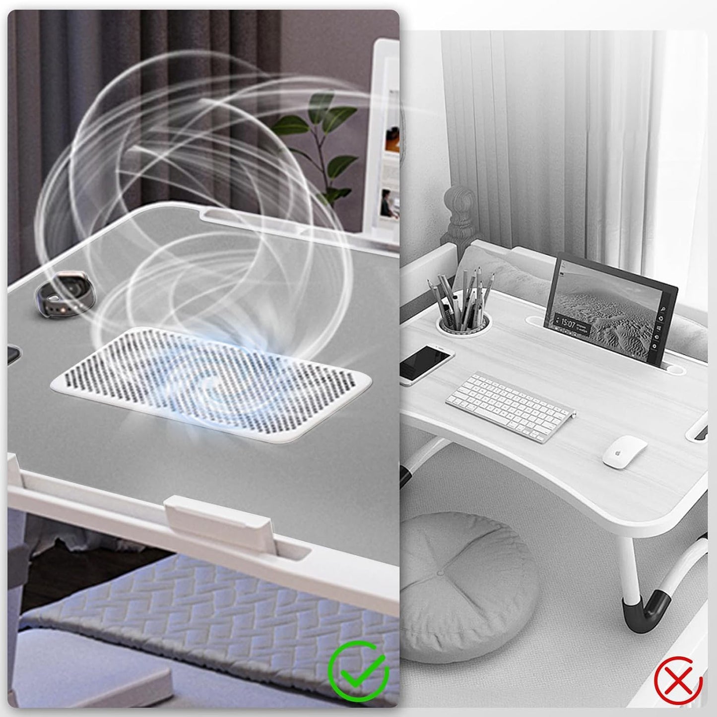 Laptop Lap Desk with Cooling Fan - Adjustable with Light, USB, Storage Drawer - Folding Bed Desk,23.62"*15.74",Grey