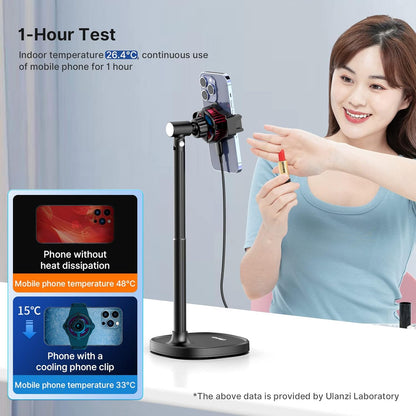 ULANZI SK-06 Cell Phone Stand with Phone Cooler, Desktop Phone Live Streaming Solution with Phone Cooling Fan, Height Adjustable Phone Cooler Stand Compatible with All Mobile Phones, iPhone & Android