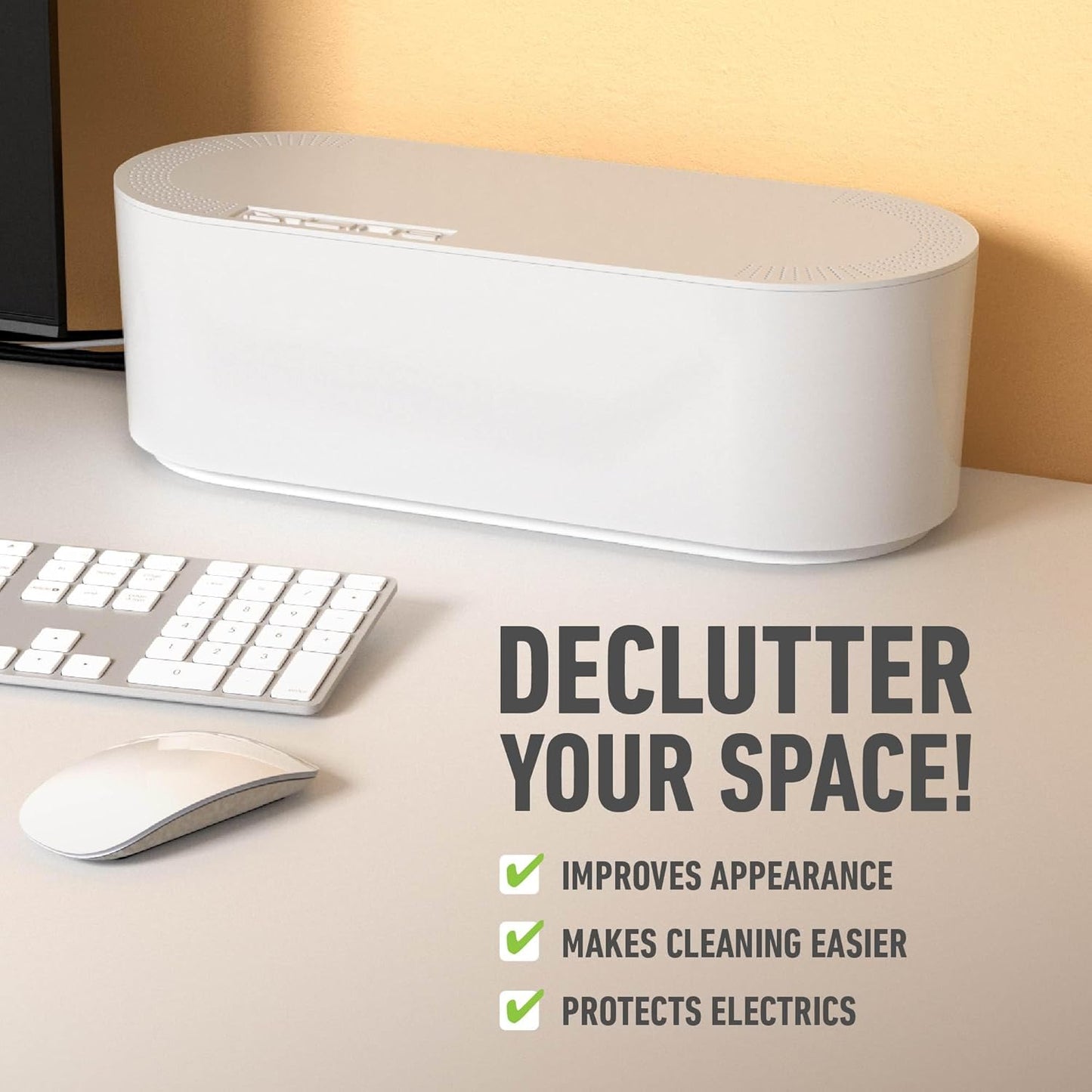 D-Line Cable Management Box, Power Strip Holder, Floor Outlet Hiders, Desk Cord Organizer, Cover TV Wires, Wire Storage, Extension Hider, Office Concealer for Cords, Baby Proof Cables - Large, White