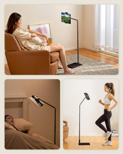Extended Tablet Floor Stand, 360 Rotating Adjustable iPad Floor Holder with Long Flexible Arm, Compatible with 4-13" Devices, Stand for Bedside, Sofaside, Table, Desk (Black)
