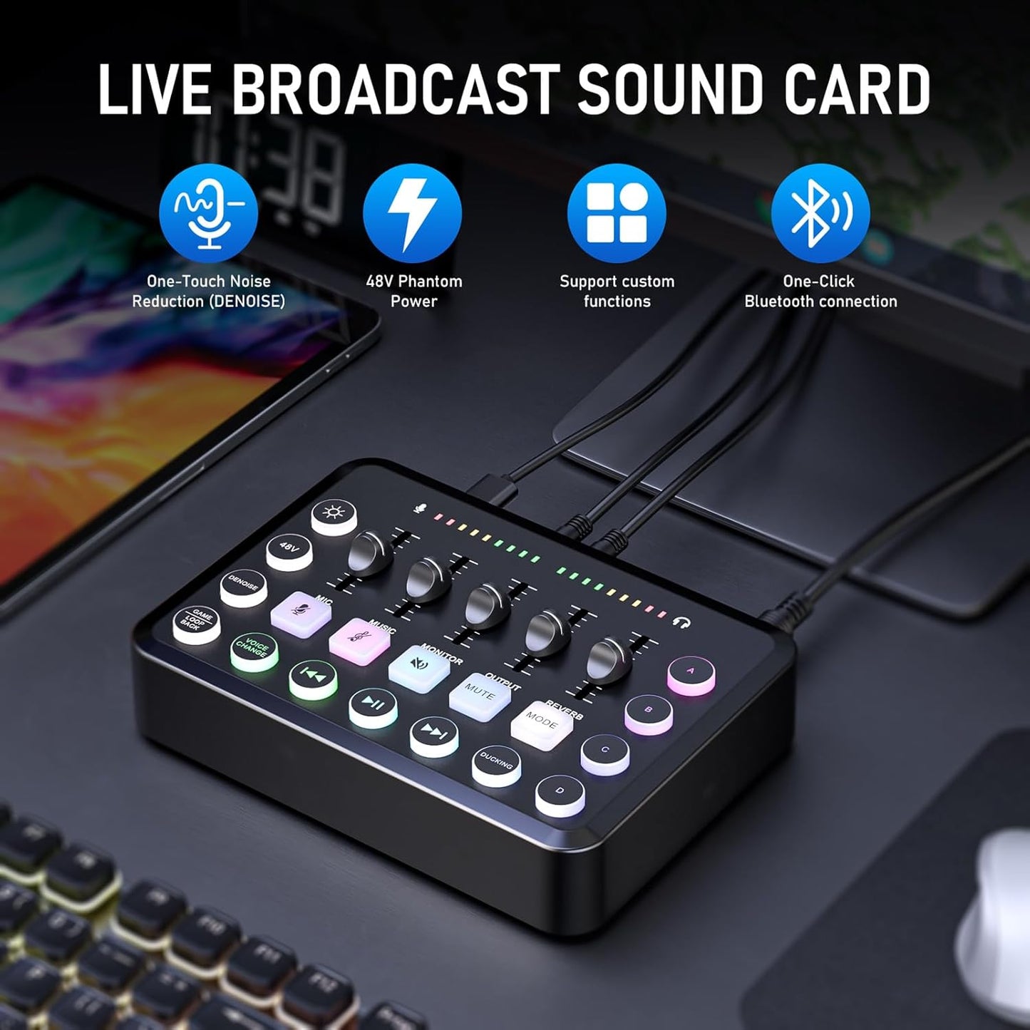 F11 Gaming Audio Mixer, Sound Board for PS5/ PC/Phone, Live Streaming Audio Interface with 3.5mm/XLR Microphone Input, Individual Control Live Sound Card, DJ Mixer Effects, Voice Changer, Denoise