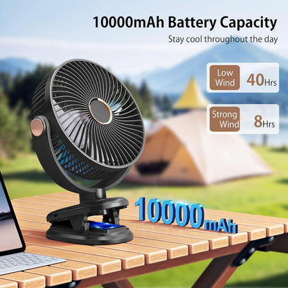 iNeibo 10000mAh Portable Clip on Fan, 90° Oscillating Fan, 8 Inch Rechargeable Battery Operated Desk Fan, Strong Airflow, 5 Speeds, Sturdy Clamp for Golf Cart Home Office Outdoor Travel (Black)