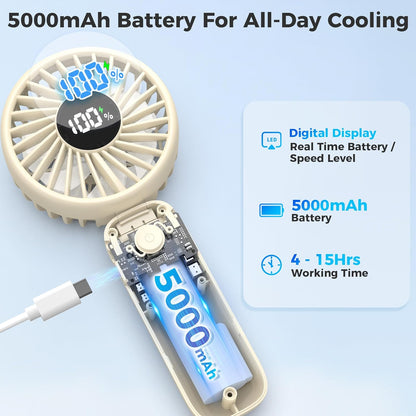 Portable Handheld Fan, 5000mAh Rechargeable Battery, Max 15H Cooling, 4 Speeds, LED Display, Foldable Design, 3-IN-1 Personal Pocket Fan with lanyard for Travel Outdoors Makeup Concert Commute