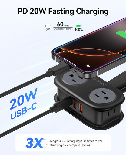 ORICO Travel Power Strip PD20W with 4 AC Outlets 3 USB Ports (1 USB-C), 4FT Flat Plug Extension Cord, Compact Portable Design for Business Travel, Cruise Ship Essentials-AP3