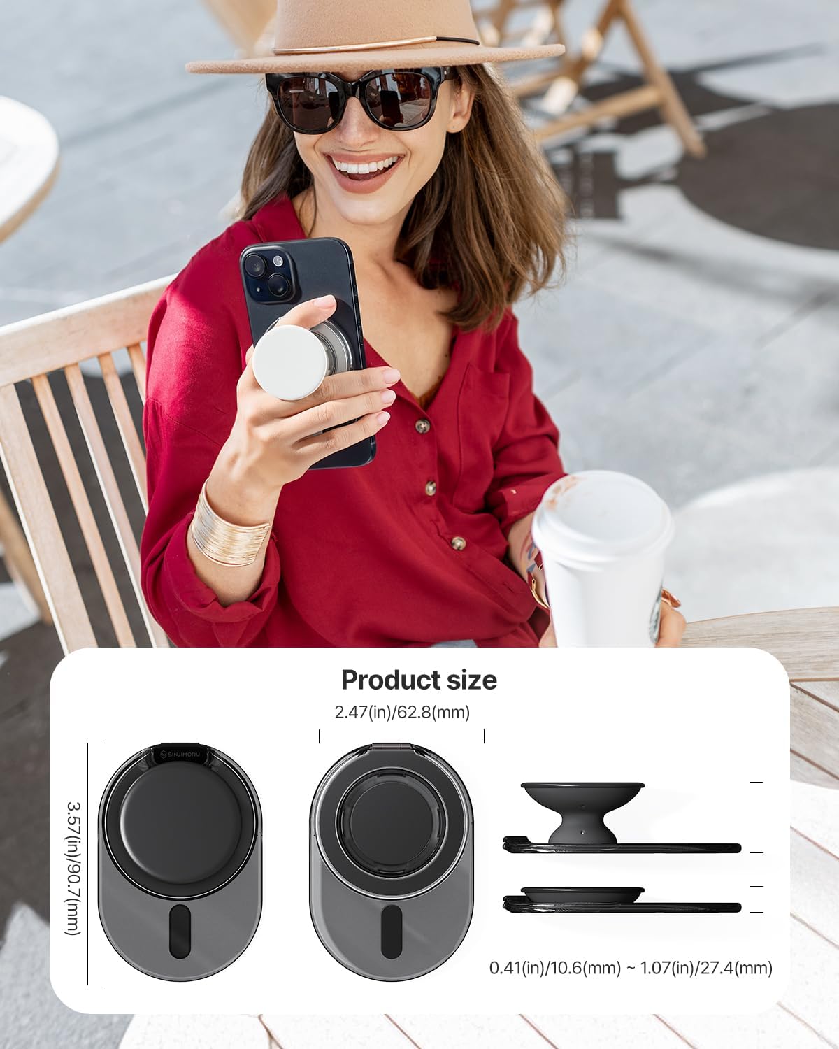 Sinjimoru Phone Grip Stand, Compatible with MagSafe, Adaptor Ring Included, 3000G Kickstand for iPhone 16/15/14/13/12. M-Tap Tok Stand Clear Black