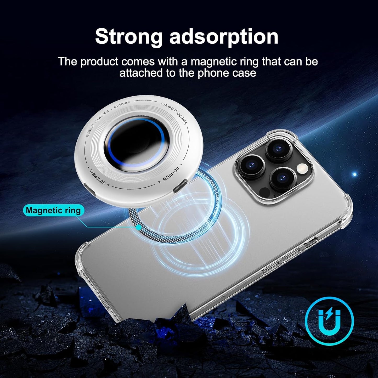 FP108 1TB Magnetic Portable SSD, External Solid State Drives with PD-100W and 2050MB/s USB-C 3.2 Gen 2x2, Play While Charging, Compatible with iPhone 16/15 Pro Max, Android, PC, Mac, Switch Lite