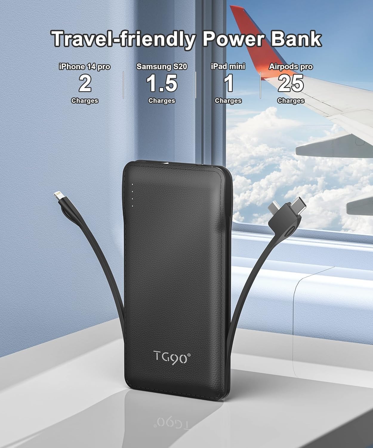 TG90° Portable Charger with Cords 10000mAh Power Bank with Built in Cables Battery Backup Cell Phone External Battery Pack Compatible with iPhone 16 15 14 13 12 Samsung S22 S21 Google iPad etc