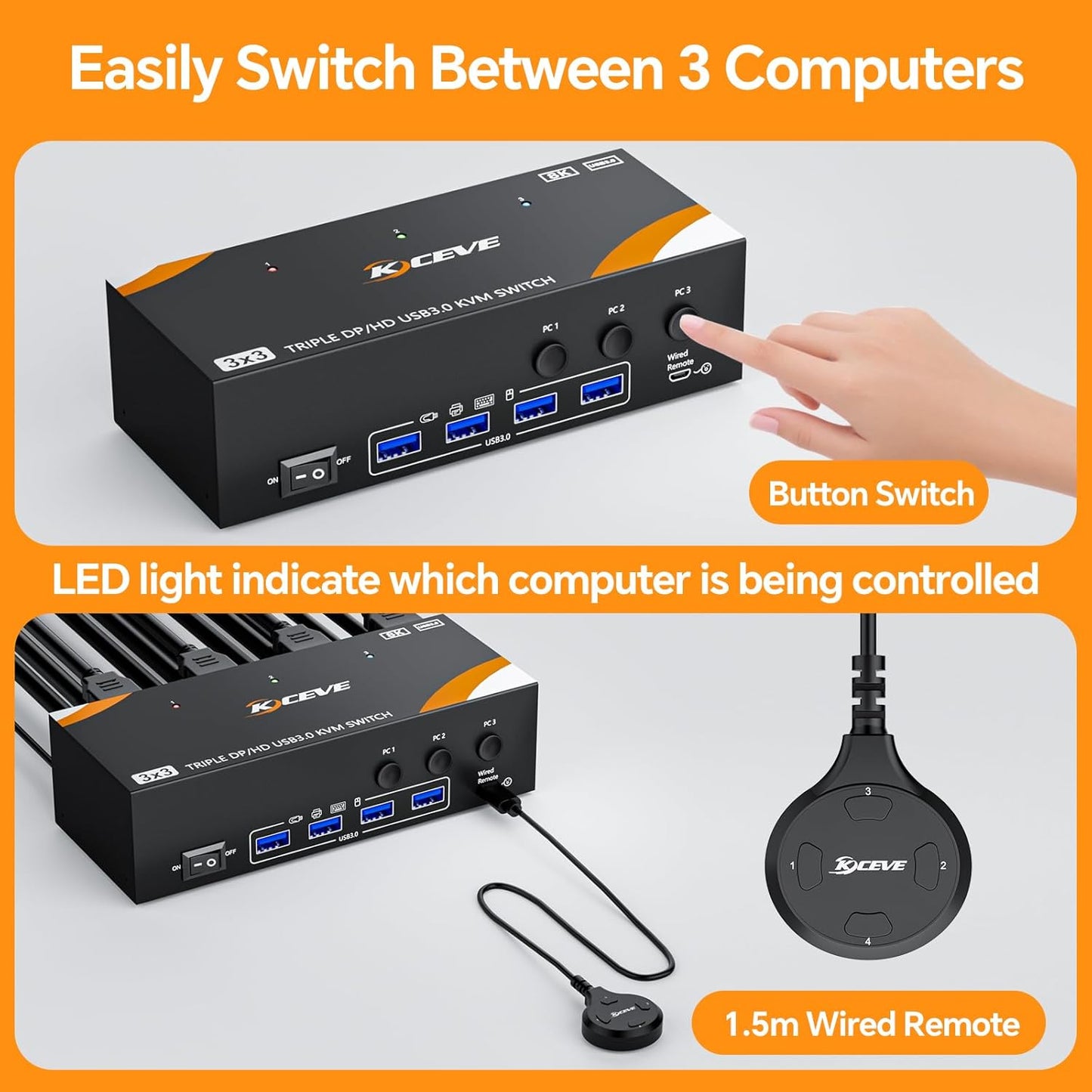USB 3.0 KVM Switch 3 Monitors 3 Computers Displayport HDMI, Triple Monitor KVM Switch 8K@60Hz 4K@144Hz for 3 Computers Share Mouse Keyboard, Wired Remote and Power Adapter