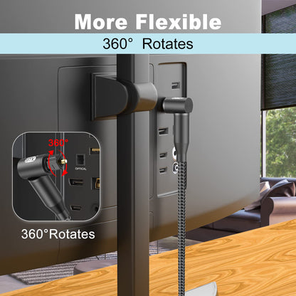 EMK 90 Degree Right Angle Optical Audio Cable [11ft/3.6M] - 360° Rotatable Digital Toslink SPDIF Cable for Soundbar to TV, Home Theater - Black Fiber Optic Cable with Angled Connector