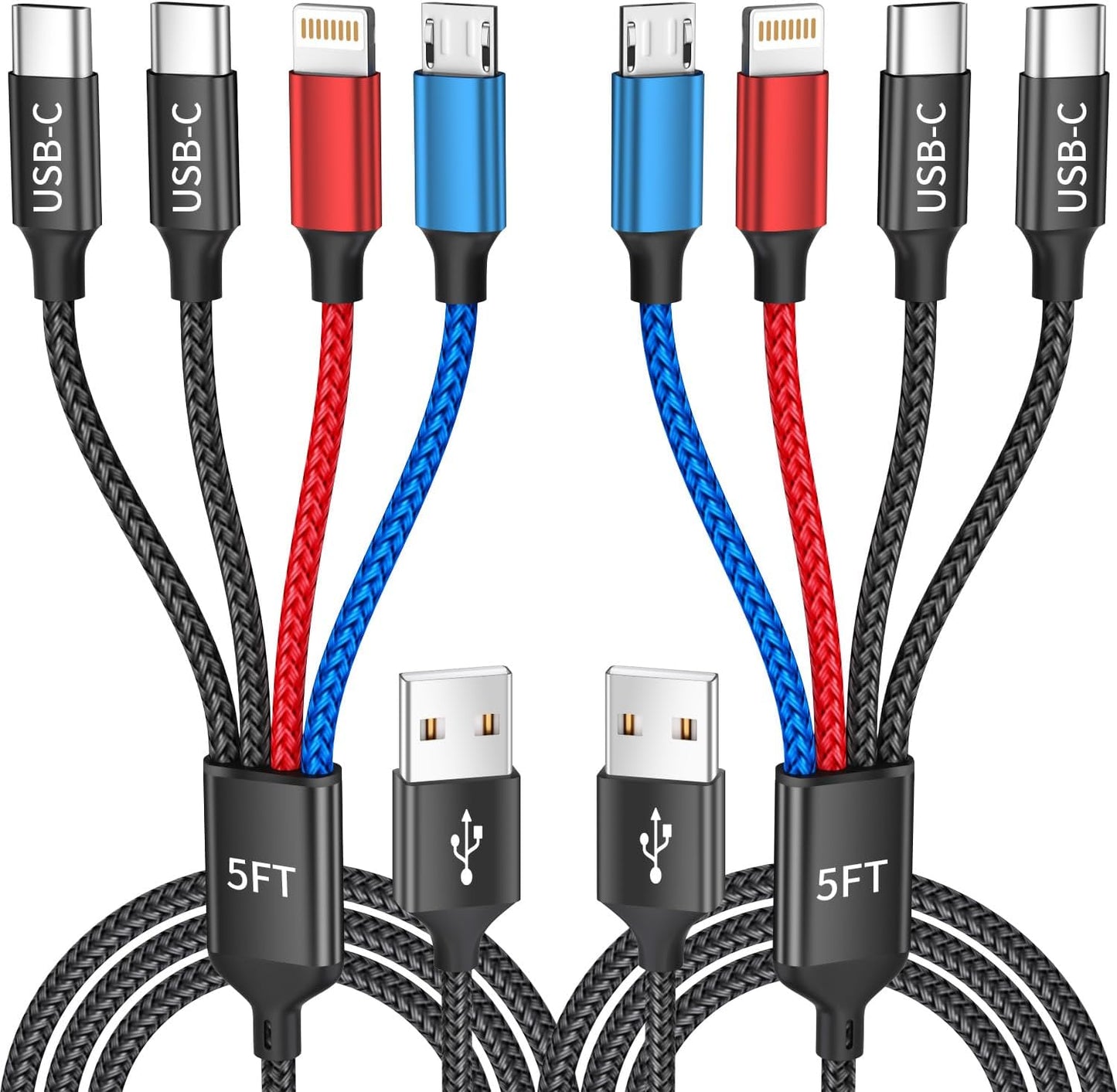 Travel Essentials, Dual Type-C 4 in 1 Multi Charging Cable for Multiple Devices, USB Cables Universal Phone Charger Cord with IP/Micro/2 USB-C Port for iPhone16/15/14, Android Tablet Pad, 2Pack 5FT