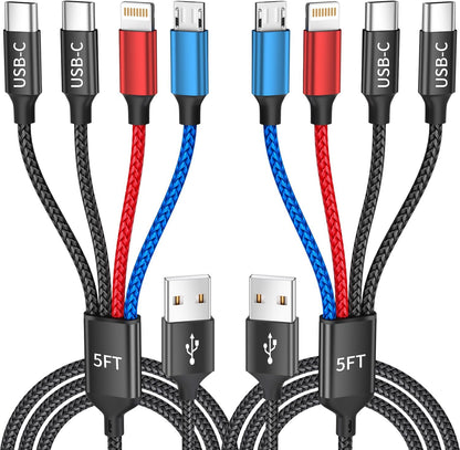 Travel Essentials, Dual Type-C 4 in 1 Multi Charging Cable for Multiple Devices, USB Cables Universal Phone Charger Cord with IP/Micro/2 USB-C Port for iPhone16/15/14, Android Tablet Pad, 2Pack 5FT