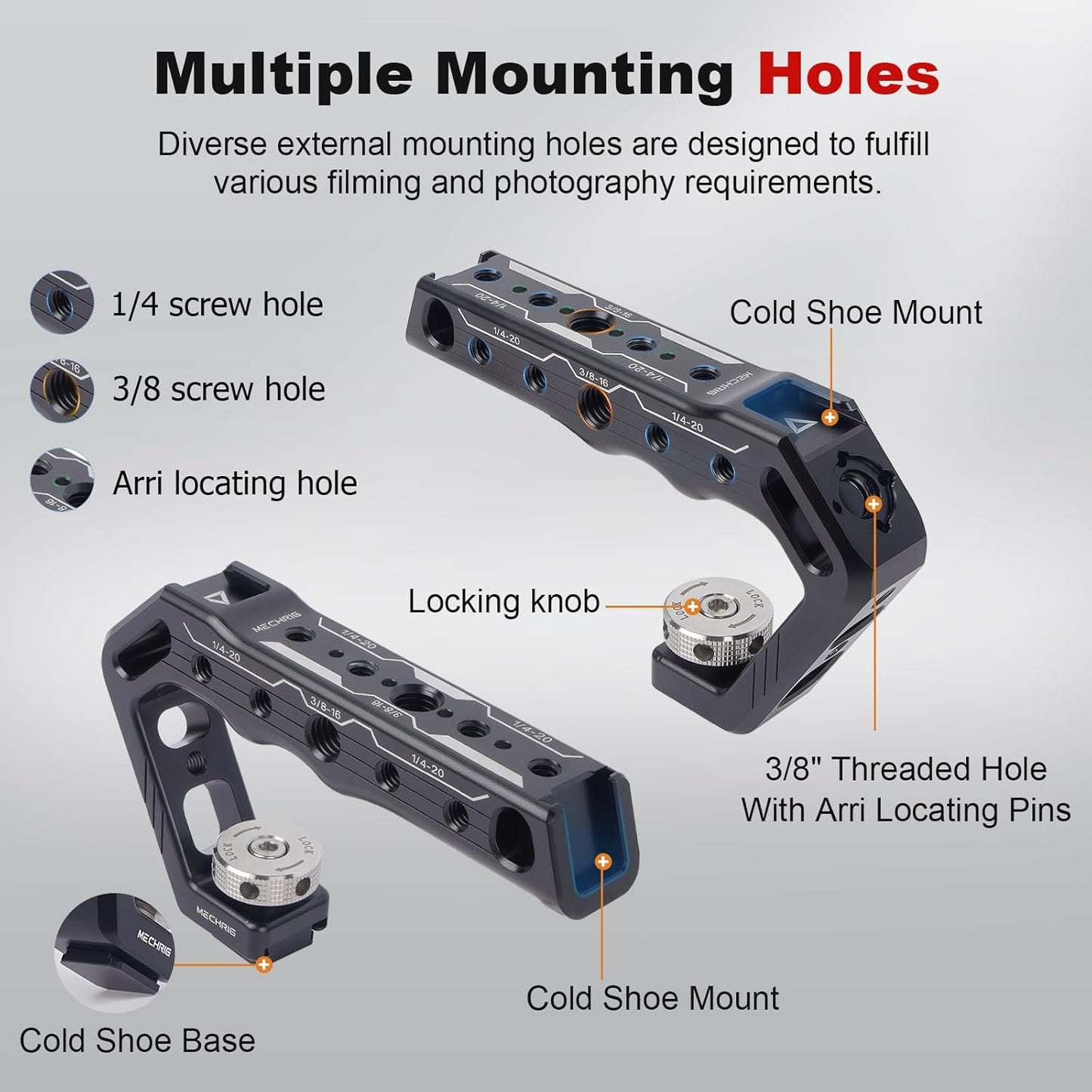 Cold Shoe Camera Handle Grip with ARRI Pin & Triple Threads - CNC Aluminum Top Handle for DSLR/Camera Cage/Monitor/Microphone (15kg Load) 62078