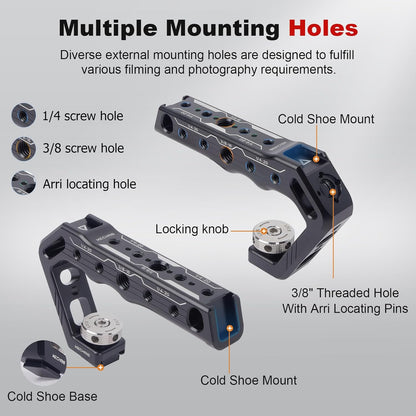 Cold Shoe Camera Handle Grip with ARRI Pin & Triple Threads - CNC Aluminum Top Handle for DSLR/Camera Cage/Monitor/Microphone (15kg Load) 62078
