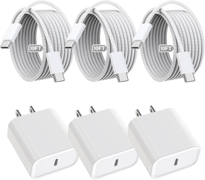 iPhone 16 15 Charger Fast Charging,3Pack 20W Fast Charging USB C Charger with 10Foot Long Type C to C Cable Cord TypeC Block Brick for iPhone 16e/16/16 Pro/16 Plus/16 Pro Max/15 Pro,iPad Air/Pro/Mini