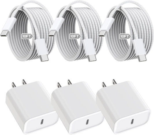 iPhone 16 15 Charger Fast Charging,3Pack 20W Fast Charging USB C Charger with 10Foot Long Type C to C Cable Cord TypeC Block Brick for iPhone 16e/16/16 Pro/16 Plus/16 Pro Max/15 Pro,iPad Air/Pro/Mini