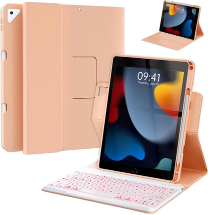 BLUTLOTUS Keyboard Case for iPad 9th/8th/7th Generation 10.2 inch,360° Rotatable iPad Pro 10.5-inch Air 3 Case with Pencil Holder,7 Color Backlit Bluetooth Keyboard Folio Cover (Rose Gold)